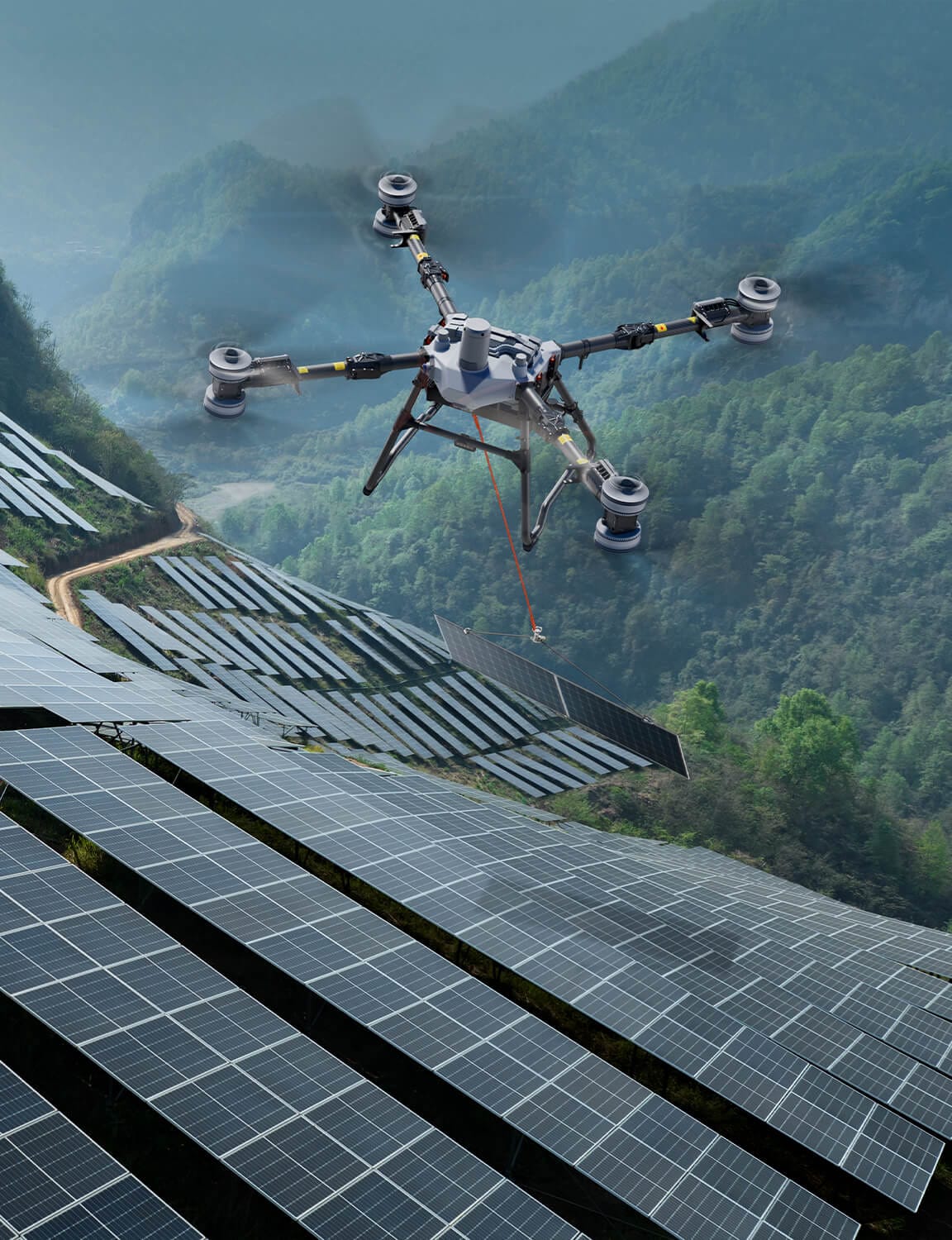 Transporte de paneles solares con dron T100